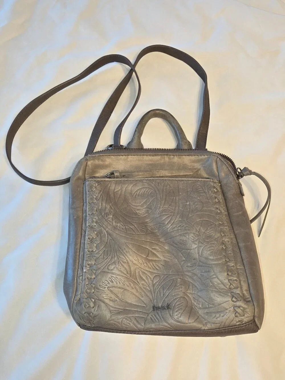 The Sak Loyola Leather Mini Convertible Backpack Floral Embossed Gray Neutral